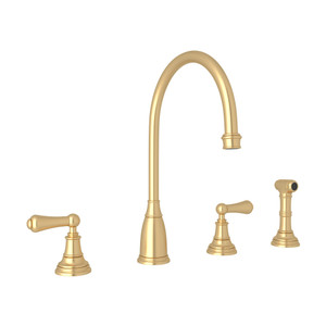 Georgian Era 4-Hole C-Spout Kitchen Faucet with Sidespray - Satin English Gold with Metal Lever Handle | Model Number: U.4736L-SEG-2 - Product Knockout