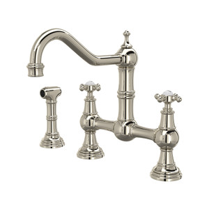 Robinet de cuisine Bridge avec douchette latérale Edwardian - Nickel poli avec poignée en croix  | Numéro de modèle: U.4755X-PN-2 - Produit épuisé