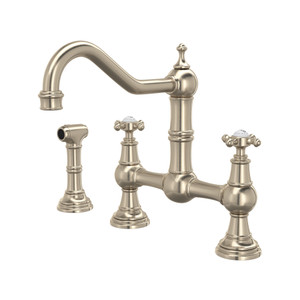 Robinet de cuisine Bridge avec douchette latérale Edwardian - Nickel satiné avec poignée en croix  | Numéro de modèle: U.4755X-STN-2 - Produit épuisé