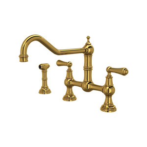 Edwardian Bridge Kitchen Faucet with Sidespray - Unlacquered Brass with Metal Lever Handle | Model Number: U.4764L-ULB-2 - Product Knockout