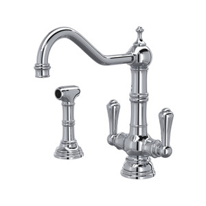 Edwardian Single Hole Kitchen Faucet with Lever Handles and Sidespray - Polished Chrome with Metal Lever Handle | Model Number: U.4766APC-2 - Product Knockout