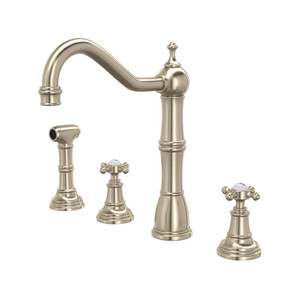 Edwardian 4-Hole Kitchen Faucet with Sidespray - Satin Nickel with Cross Handle | Model Number: U.4775X-STN-2 - Product Knockout