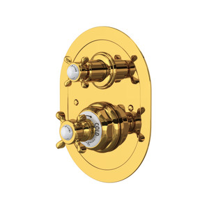 Edwardian Era Oval Thermostatic Trim Plate with Volume Control - Unlacquered Brass with Cross Handle | Model Number: U.5521X-ULB/TO - Product Knockout