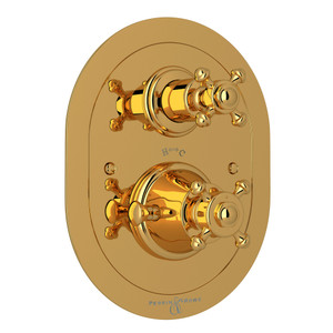 Georgian Era Oval Thermostatic Trim Plate with Volume Control - Unlacquered Brass with Cross Handle | Model Number: U.5757X-ULB/TO - Product Knockout