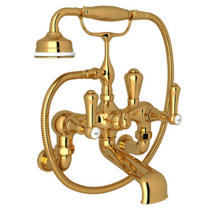 Georgian Era Exposed Wall Mount Tub Filler with Handshower - Unlacquered Brass with White Porcelain Lever Handle | Model Number: U.3006LSP/1-ULB - Product Knockout