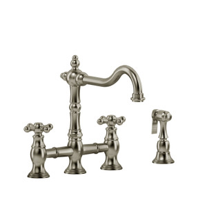 DISCONTINUED-Bridge Kitchen Faucet With Spray 1.0 GPM - Brushed Nickel with Cross Handles | Model Number: BR400+BN-10 - Product Knockout