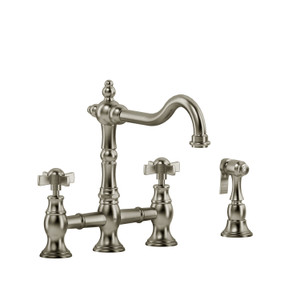 DISCONTINUED-Bridge Kitchen Faucet With Spray - Brushed Nickel with X-Shaped Handles | Model Number: BR400XBN - Product Knockout