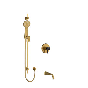 Momenti 1/2 Inch 2-Way Type T/P (Thermostatic/Pressure Balance) Coaxial System With Spout And Hand Shower Rail - Brushed Gold and Black with J-Shaped Handles | Model Number: KIT1244MMRDJBGBK-EX - Product Knockout