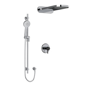 Système coaxial à 3 voies avec douchette sur rail et tête de douche pluie et cascade 1/2" type T/P (thermostatique/pression équilibrée) Momenti - Chrome et Noir avec poignées en J  | Numéro de modèle: KIT2745MMRDJCBK-EX - Produit épuisé