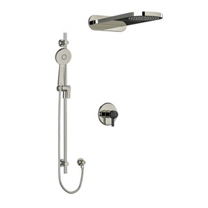 Momenti Type T/P (Thermostatic/Pressure Balance) 1/2 Inch Coaxial 3-Way System With Hand Shower Rail And Rain And Cascade Shower Head - Polished Nickel and Black with J-Shaped Handles | Model Number: KIT2745MMRDJPNBK-EX - Product Knockout
