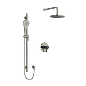 Momenti Type T/P (Thermostatic/Pressure Balance) 1/2 Inch Coaxial 2-Way System With Hand Shower And Shower Head - Polished Nickel and Black with J-Shaped Handles | Model Number: KIT323MMRDJPNBK-SPEX - Product Knockout