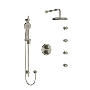 DISCONTINUED-Momenti Type T/P (Thermostatic/Pressure Balance) Double Coaxial System With Hand Shower Rail 4 Body Jets And Shower Head - Brushed Nickel with Lever Handles | Model Number: KIT446MMRDLBN-6 - Product Knockout