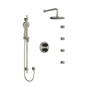 Momenti Type T/P (Thermostatic/Pressure Balance) Double Coaxial System With Hand Shower Rail 4 Body Jets And Shower Head - Brushed Nickel and Black with Lever Handles | Model Number: KIT446MMRDLBNBK-6 - Product Knockout