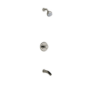 Système coaxial à 2 voies non partagées avec tête de douche et bec de bain 1/2" type T/P (thermostatique/pression équilibrée) Retro - Nickel poli avec poignées en croix  | Numéro de modèle: KIT4744RT+PN - Produit épuisé