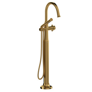 Momenti 2-Way Type T (Thermostatic) Coaxial Floor-Mount Tub Filler With Hand Shower - Brushed Gold with X-Shaped Handles | Model Number: MMRD39XBG-SPEX - Product Knockout