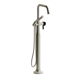 Momenti 2-Way Type T (Thermostatic) Coaxial Floor-Mount Tub Filler With Hand Shower - Brushed Nickel and Black with J-Shaped Handles | Model Number: MMSQ39JBNBK-EX - Product Knockout