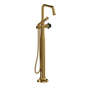 Momenti 2-Way Type T (Thermostatic) Coaxial Floor-Mount Tub Filler With Hand Shower - Brushed Gold and Black with X-Shaped Handles | Model Number: MMSQ39XBGBK - Product Knockout