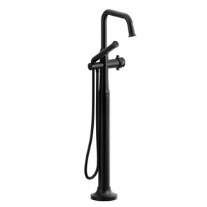 Momenti 2-Way Type T (Thermostatic) Coaxial Floor-Mount Tub Filler With Hand Shower - Black with X-Shaped Handles | Model Number: MMSQ39XBK-SPEX - Product Knockout