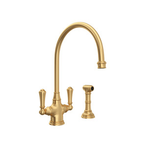 Georgian Era Single Hole Kitchen Faucet with Sidespray with Traditional Metal Lever Handle - Satin English Gold | Model Number: U.4710SEG-2 - Product Knockout