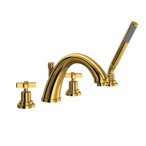 Lombardia 4-Hole Deck Mount C-Spout Tub Filler with Handshower - Unlacquered Brass with Cross Handle | Model Number: A1264XMULB - Product Knockout