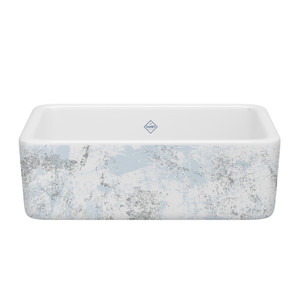 DISCONTINUED Lancaster™ 30" Single Bowl Farmhouse Apron Front Fireclay Kitchen Sink With Patina Design - Patina in Blue/Silver | Model Number: RC3018WHPTBS