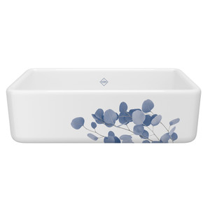 Lancaster™ 33" Single Bowl Farmhouse Apron Front Fireclay Kitchen Sink With Eucalyptus Design - Eucalyptus in Blue/Silver | Model Number: RC3318WHECBS