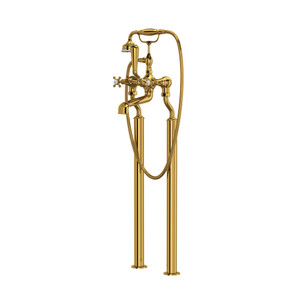 Georgian Era Exposed Floor Mount Tub Filler with Handshower - Unlacquered Brass with Cross Handle | Model Number: U.3013X/1-ULB - Product Knockout