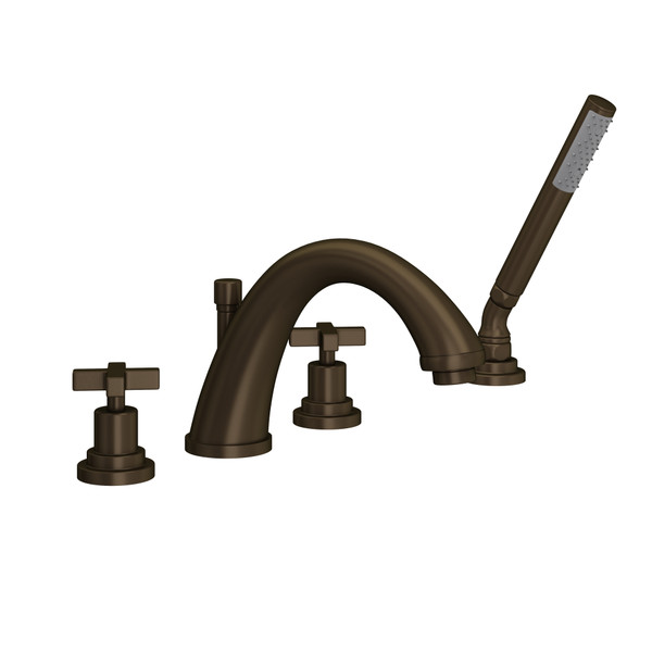 Lombardia 4-Hole Deck Mount C-Spout Tub Filler with Handshower - Tuscan Brass with Cross Handle | Model Number: A1264XMTCB - Product Knockout