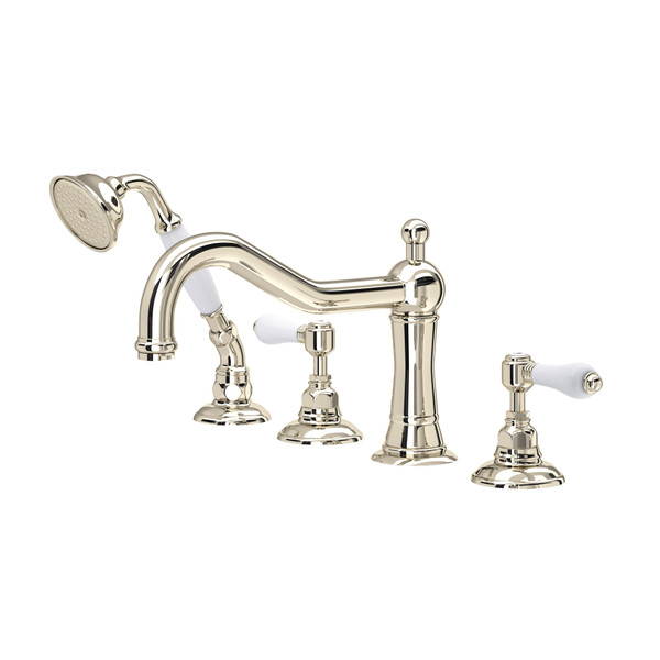 Acqui 4-Hole Deck Mount Column Spout Tub Filler with Handshower - Polished Nickel with White Porcelain Lever Handle | Model Number: A1404LPPN - Product Knockout