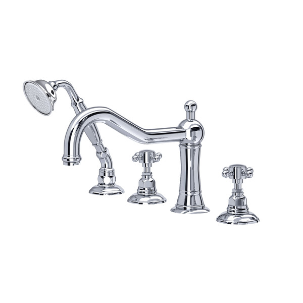 Acqui 4-Hole Deck Mount Column Spout Tub Filler with Handshower - Polished Chrome with Cross Handle | Model Number: A1404XMAPC - Product Knockout