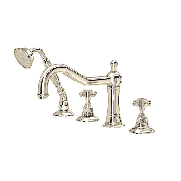 Acqui 4-Hole Deck Mount Column Spout Tub Filler with Handshower - Polished Nickel with Cross Handle | Model Number: A1404XMPN - Product Knockout