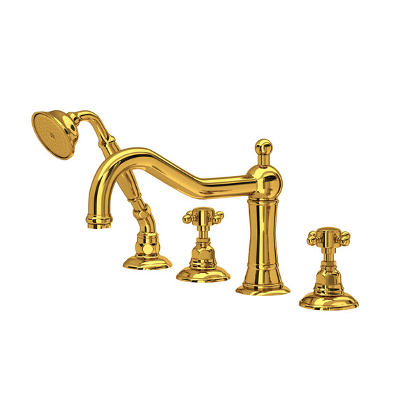 Acqui 4-Hole Deck Mount Column Spout Tub Filler with Handshower - Unlacquered Brass with Cross Handle | Model Number: A1404XMULB - Product Knockout