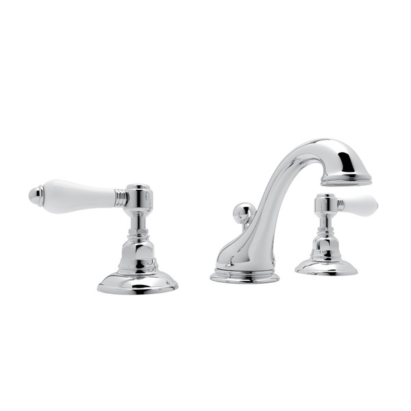 Viaggio C-Spout Widespread Bathroom Faucet - Polished Chrome with White Porcelain Lever Handle | Model Number: A1408LPAPC-2 - Product Knockout