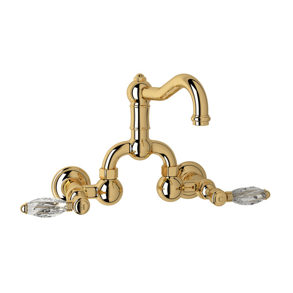 Acqui Wall Mount Bridge Bathroom Faucet - Italian Brass with Crystal Metal Lever Handle | Model Number: A1418LCIB-2 - Product Knockout