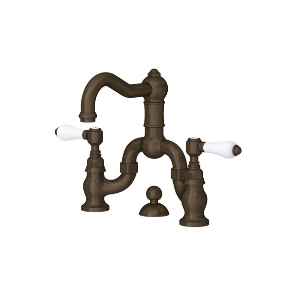 Acqui Deck Mount Bridge Bathroom Faucet - Tuscan Brass with White Porcelain Lever Handle | Model Number: A1419LPTCB-2 - Product Knockout