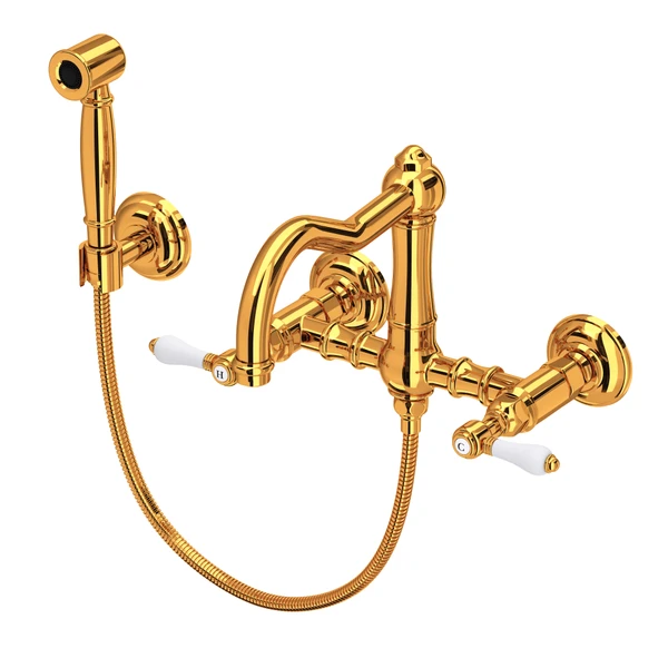 Acqui® Wall Mount Bridge Kitchen Faucet With Sidespray And Column Spout - Italian Brass | Model Number: A1456LPWSIB-2