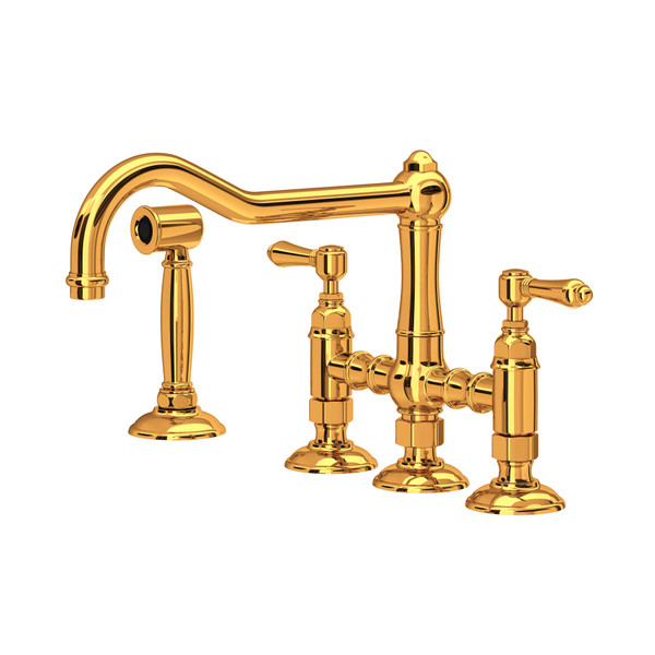 Acqui Deck Mount Column Spout 3 Leg Bridge Kitchen Faucet with Sidespray - Italian Brass with Metal Lever Handle | Model Number: A1458LMWSIB-2 - Product Knockout