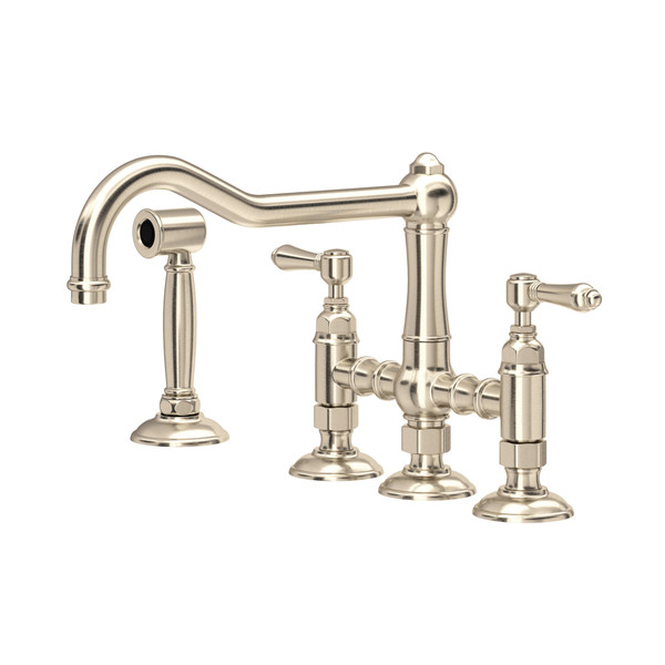 Acqui Deck Mount Column Spout 3 Leg Bridge Kitchen Faucet with Sidespray - Satin Nickel with Metal Lever Handle | Model Number: A1458LMWSSTN-2 - Product Knockout