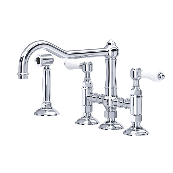 Robinet de cuisine Bridge pour installation sur comptoir à bec vertical, 3 pieds et douchette latérale Acqui - Chrome poli avec poignée à levier en porcelaine blanche  | Numéro de modèle: A1458LPWSAPC-2 - Produit épuisé