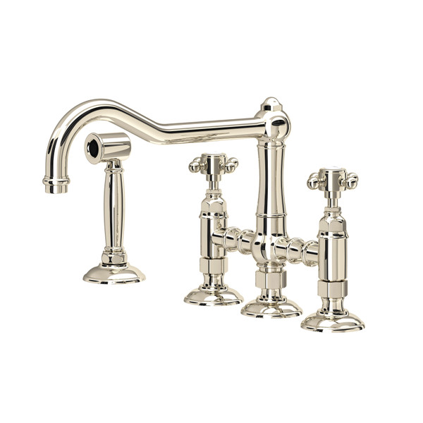 Acqui Deck Mount Column Spout 3 Leg Bridge Kitchen Faucet with Sidespray - Polished Nickel with Cross Handle | Model Number: A1458XMWSPN-2 - Product Knockout