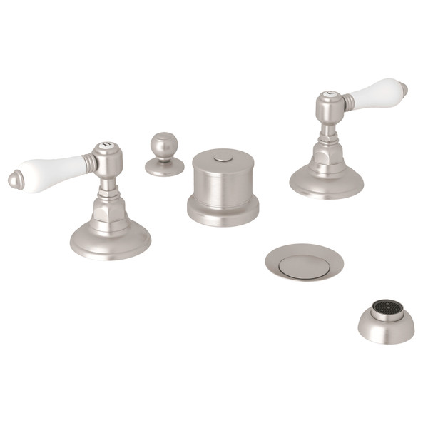 DISCONTINUED-Five Hole Bidet Faucet - Satin Nickel with White Porcelain Lever Handle | Model Number: A1460LPSTN - Product Knockout