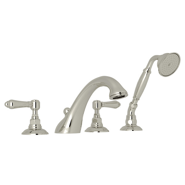 Viaggio 4-Hole Deck Mount C-Spout Tub Filler with Handshower - Polished Nickel with Metal Lever Handle | Model Number: A1464LMPN - Product Knockout