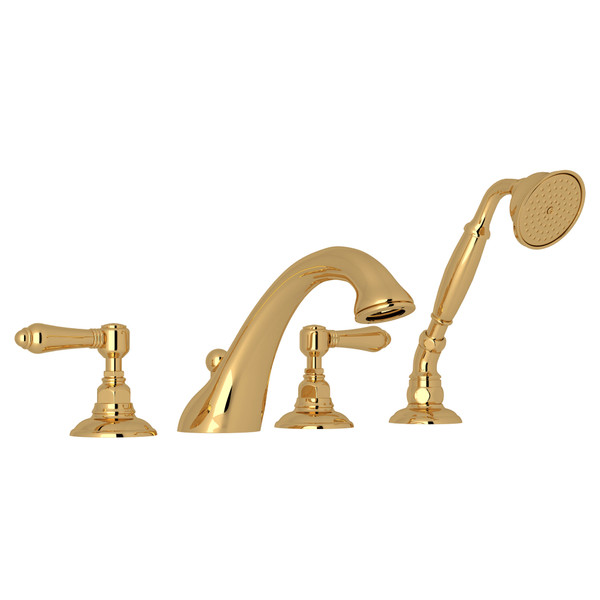 Viaggio 4-Hole Deck Mount C-Spout Tub Filler with Handshower - Unlacquered Brass with Metal Lever Handle | Model Number: A1464LMULB - Product Knockout