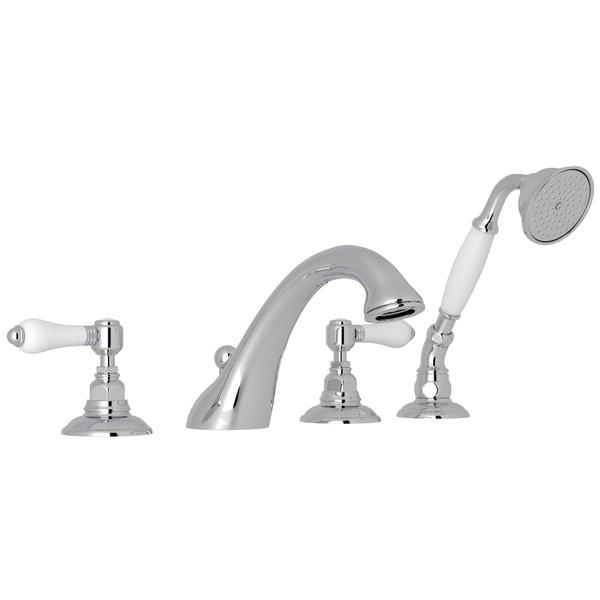 Viaggio 4-Hole Deck Mount C-Spout Tub Filler with Handshower - Polished Chrome with White Porcelain Lever Handle | Model Number: A1464LPAPC - Product Knockout