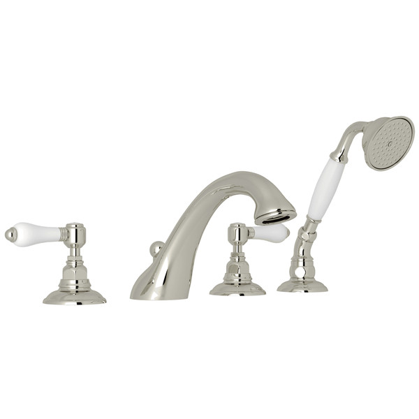 Viaggio 4-Hole Deck Mount C-Spout Tub Filler with Handshower - Polished Nickel with White Porcelain Lever Handle | Model Number: A1464LPPN - Product Knockout