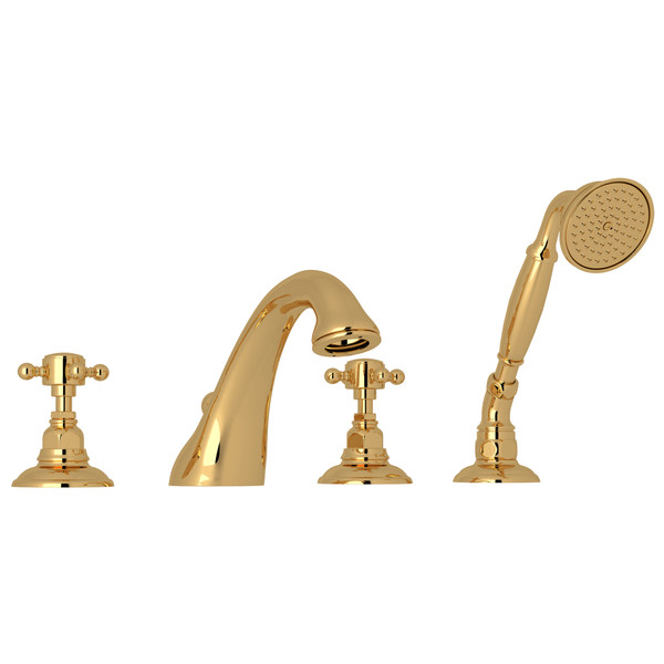 Viaggio 4-Hole Deck Mount C-Spout Tub Filler with Handshower - Italian Brass with Cross Handle | Model Number: A1464XMIB - Product Knockout