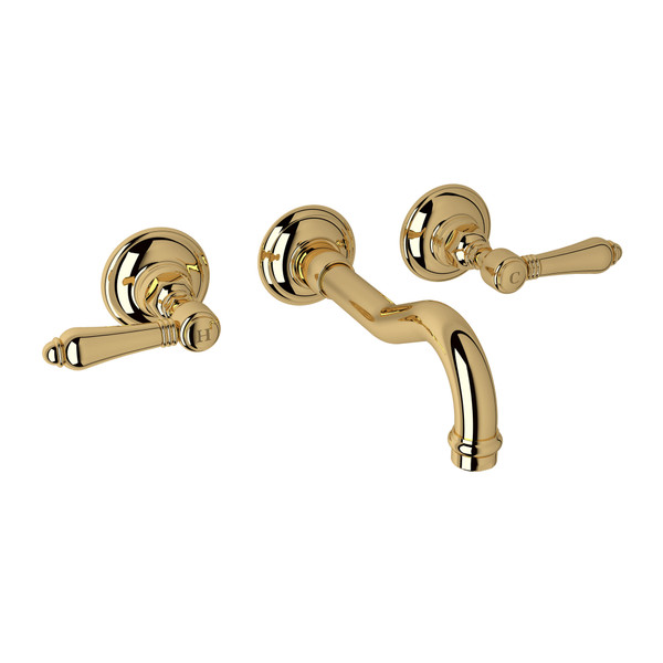 DISCONTINUED-Acqui Wall Mount Widespread Bathroom Faucet - Unlacquered Brass with Metal Lever Handle | Model Number: A1477LMULBTO-2 - Product Knockout