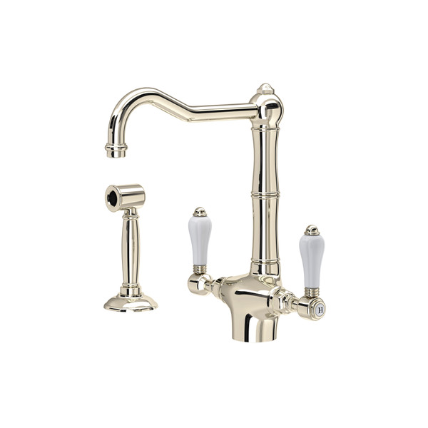 Acqui Single Hole Column Spout Kitchen Faucet with Sidespray - Polished Nickel with White Porcelain Lever Handle | Model Number: A1679LPWSPN-2 - Product Knockout
