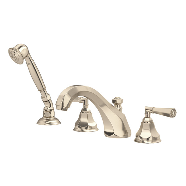 Palladian 4-Hole Deck Mount Tub Filler with Handshower - Satin Nickel with Metal Lever Handle | Model Number: A1904LMSTN - Product Knockout