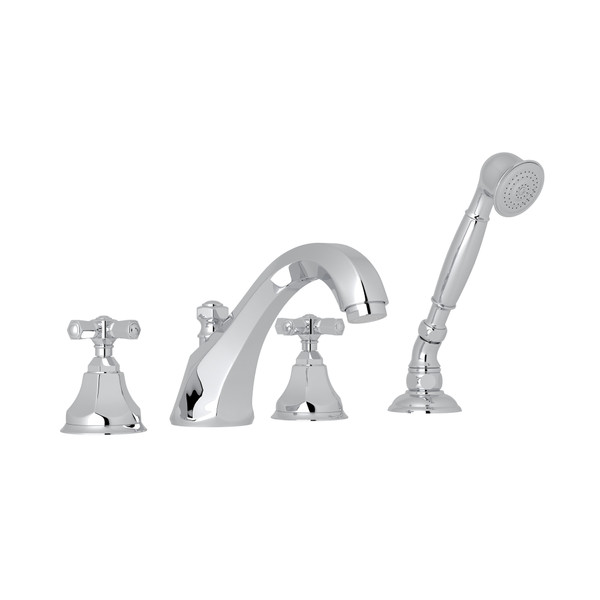 DISCONTINUÉ - Robinet de bain 4 trous avec douchette, montage sur comptoir Palladian - Chrome poli avec poignée en croix | Numéro de modèle: A1904XMAPC - Produit épuisé